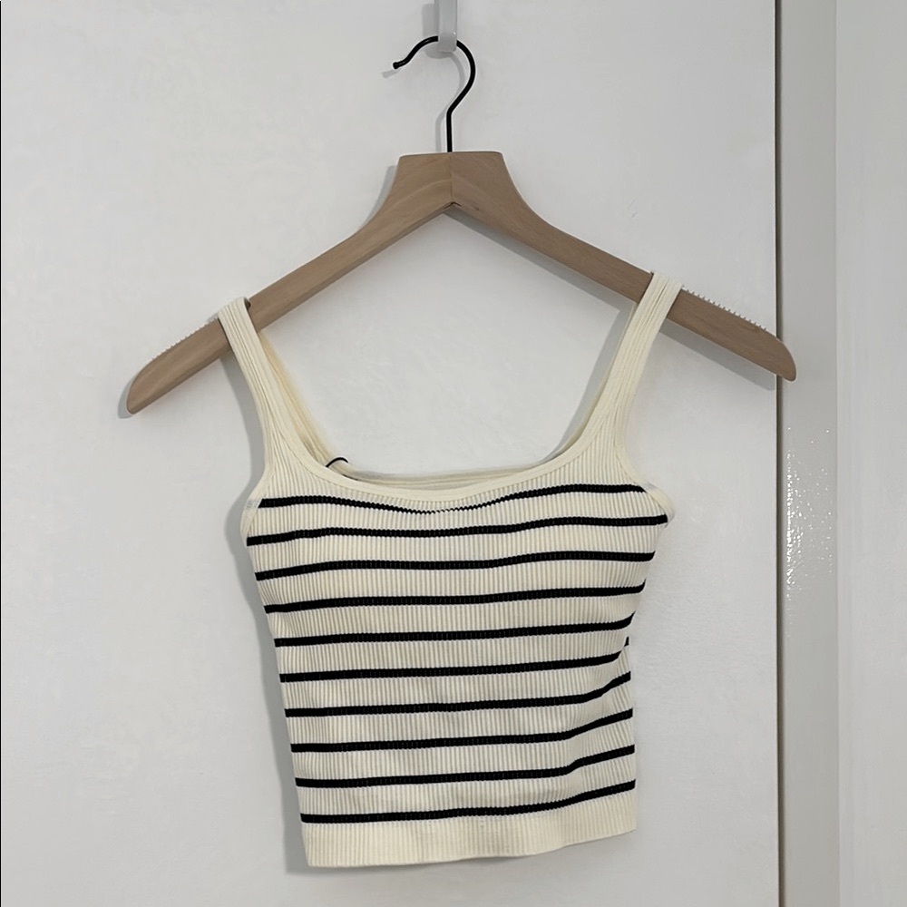 Striped Ribbed Square Neck Tank Top with Built-in Bra - Cream and Black